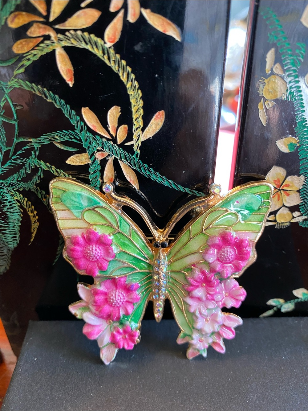 Green & Pink Floral Butterfly Brooch with Gold Accents